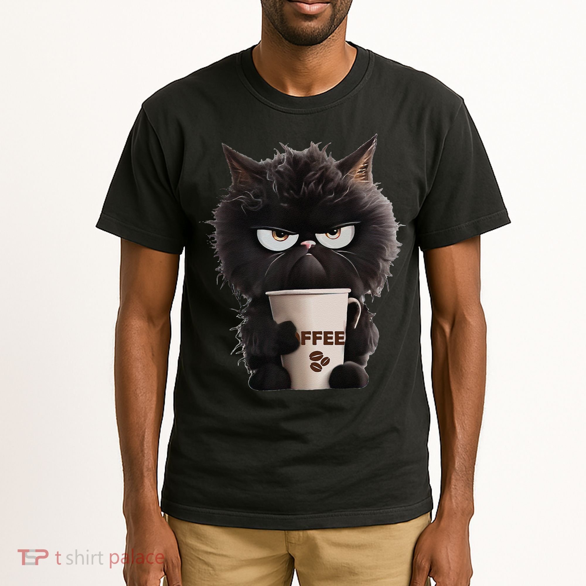 Funny Angry Black Cat Drinking Coffee Loves Coffee Pet Tall T-Shirt
