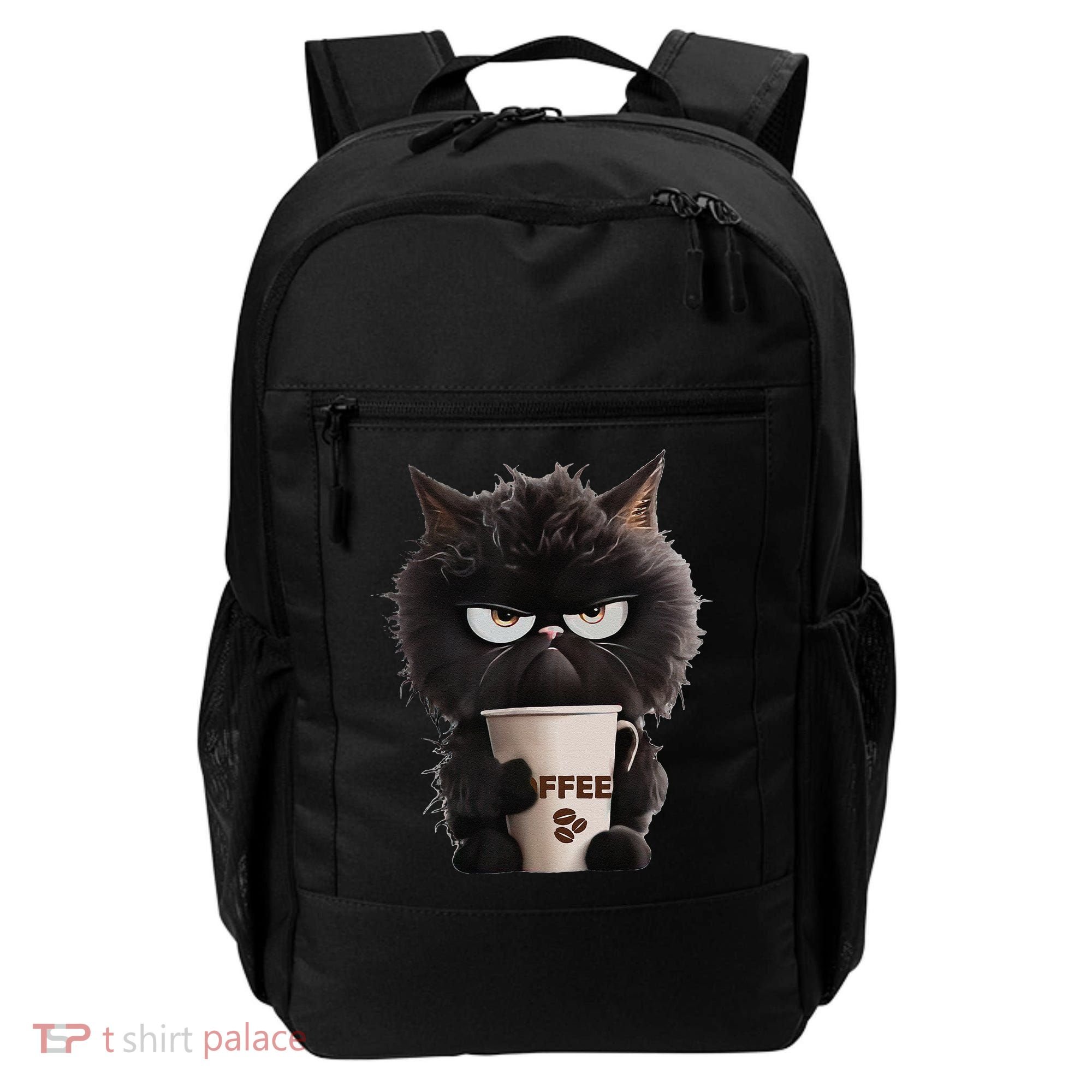 Funny Angry Black Cat Drinking Coffee Loves Coffee Pet Backpack