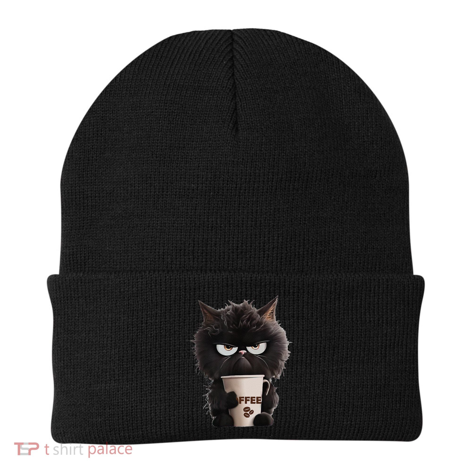 Funny Angry Black Cat Drinking Coffee Loves Coffee Pet Beanie