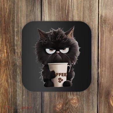 Funny Angry Black Cat Drinking Coffee Loves Coffee Pet Coaster
