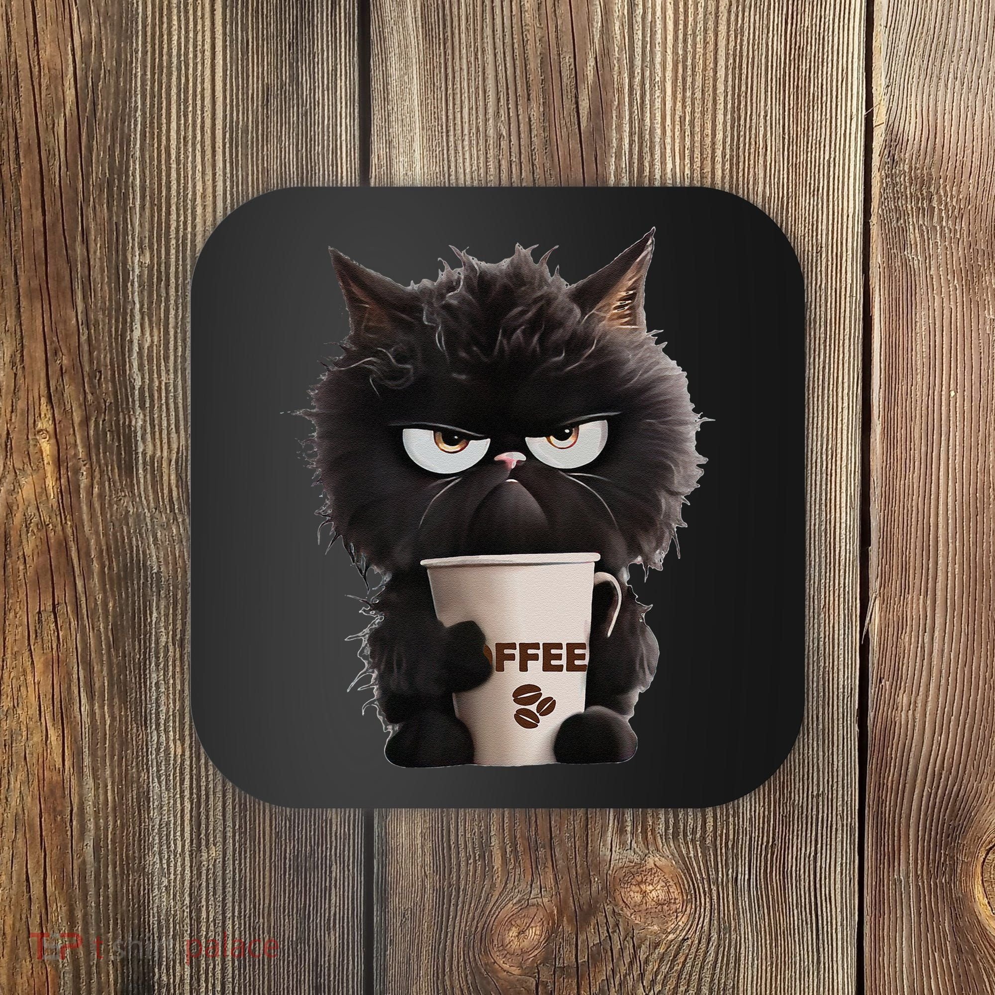 Funny Angry Black Cat Drinking Coffee Loves Coffee Pet Coaster