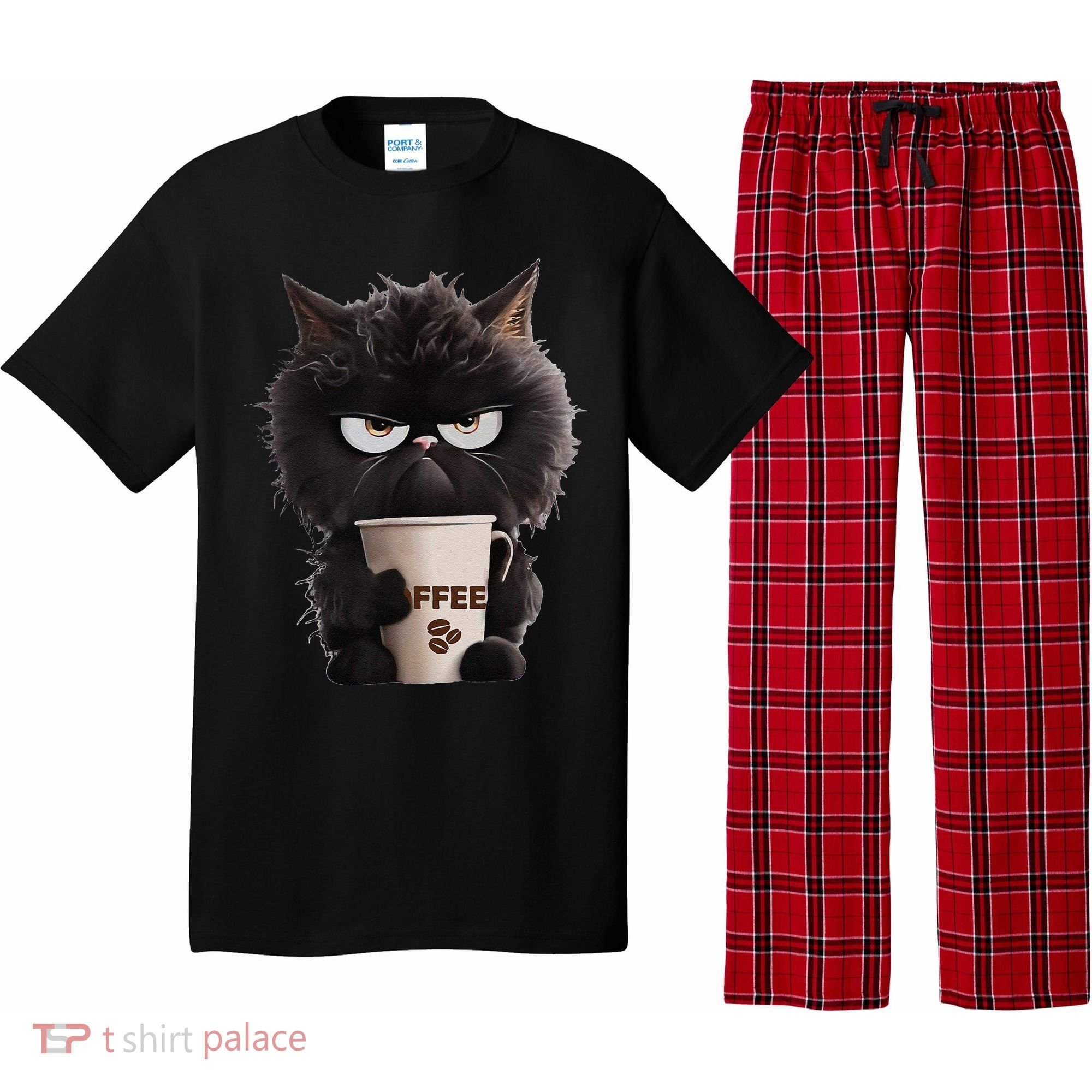Funny Angry Black Cat Drinking Coffee Loves Coffee Pet Pajama Set