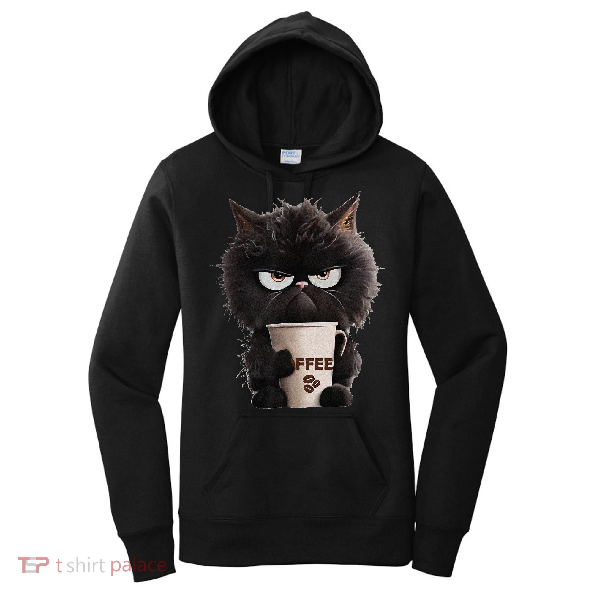 Funny Angry Black Cat Drinking Coffee Loves Coffee Pet Women's Hoodie