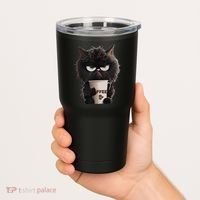 Funny Angry Black Cat Drinking Coffee Loves Coffee Pet Tumbler thumb 2