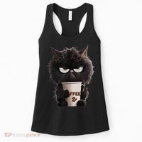 Funny Angry Black Cat Drinking Coffee Loves Coffee Pet Women's Tank Top thumb 0