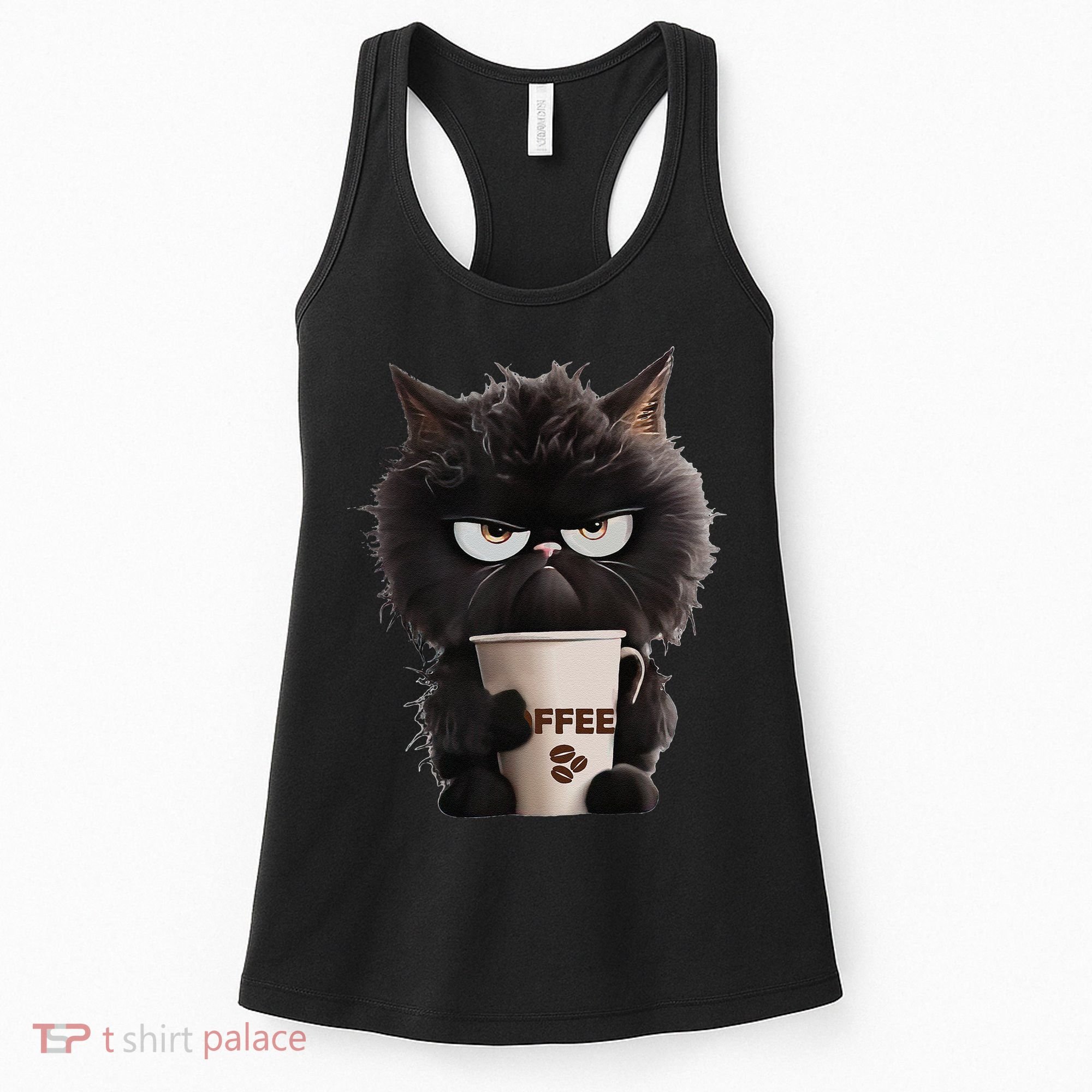 Funny Angry Black Cat Drinking Coffee Loves Coffee Pet Women's Tank Top