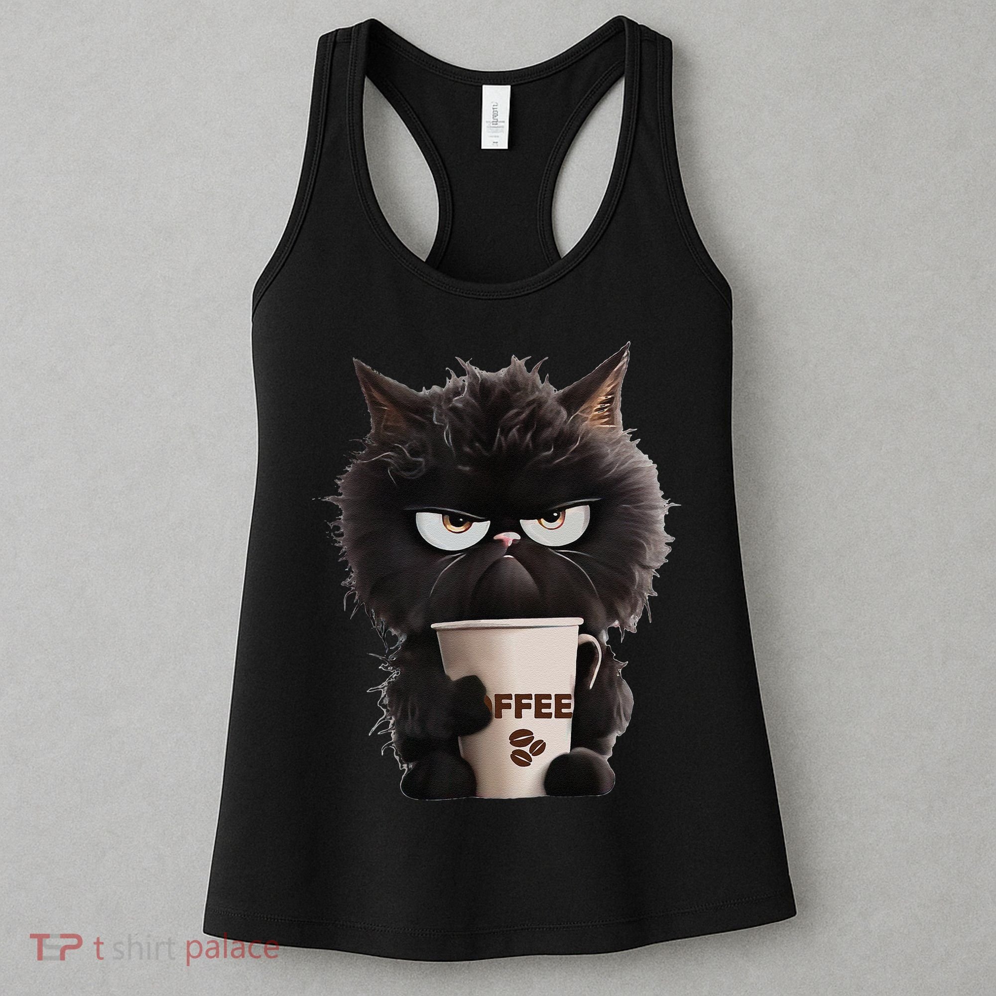 Funny Angry Black Cat Drinking Coffee Loves Coffee Pet Women's Tank Top