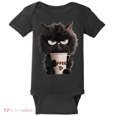 Funny Angry Black Cat Drinking Coffee Loves Coffee Pet Baby Bodysuit
