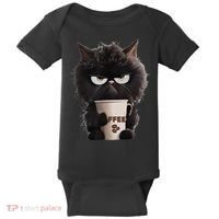Funny Angry Black Cat Drinking Coffee Loves Coffee Pet Baby Bodysuit thumb 0