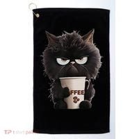 Funny Angry Black Cat Drinking Coffee Loves Coffee Pet Golf Towel thumb 0