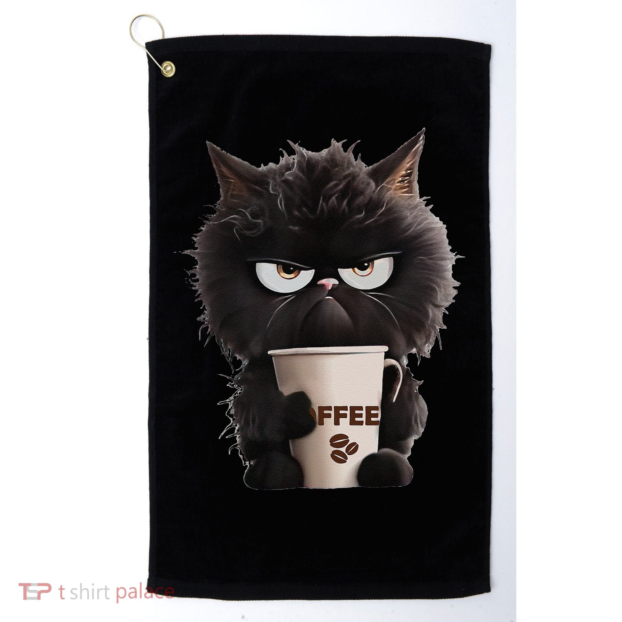 Funny Angry Black Cat Drinking Coffee Loves Coffee Pet Golf Towel