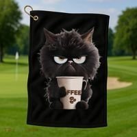 Funny Angry Black Cat Drinking Coffee Loves Coffee Pet Golf Towel thumb 1