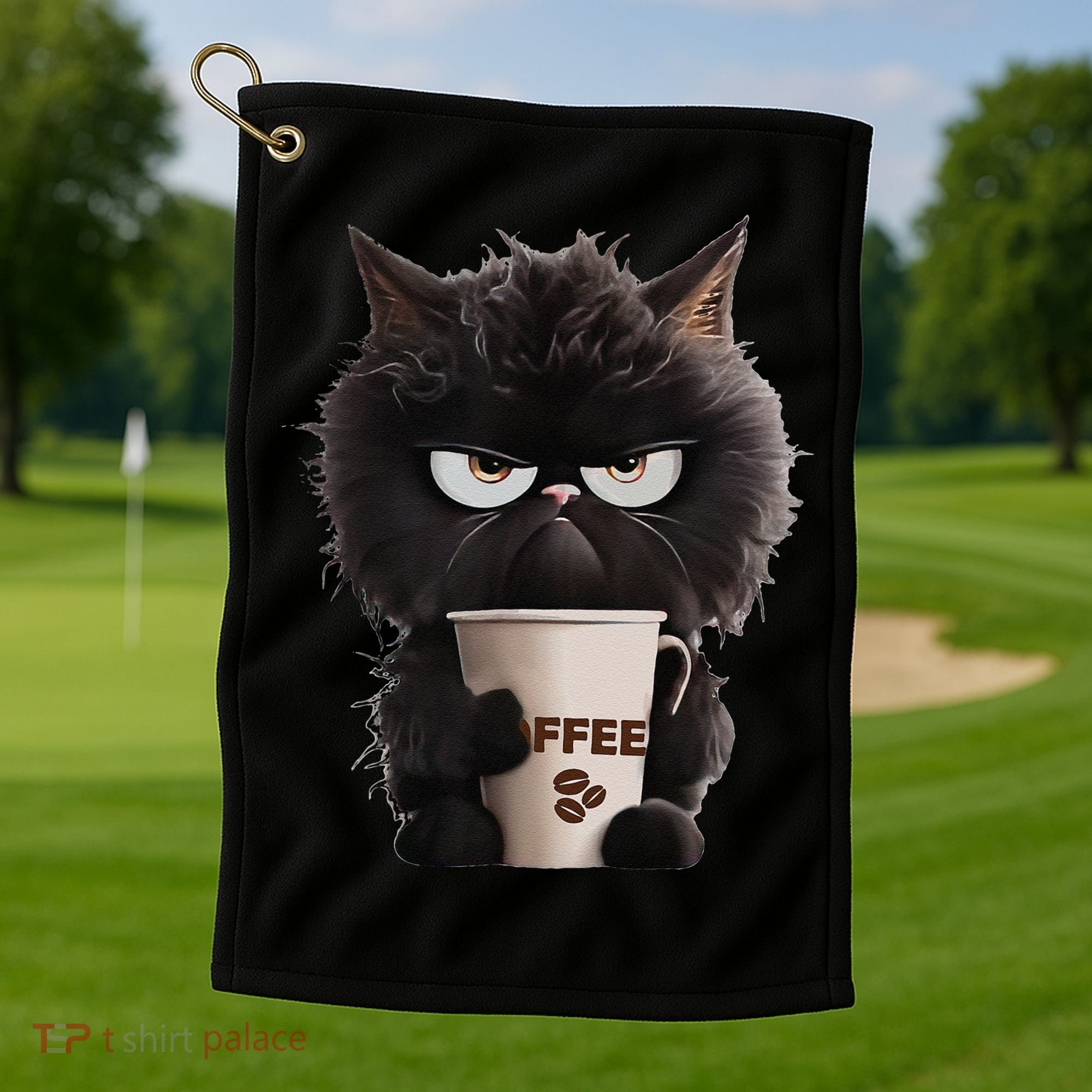 Funny Angry Black Cat Drinking Coffee Loves Coffee Pet Golf Towel