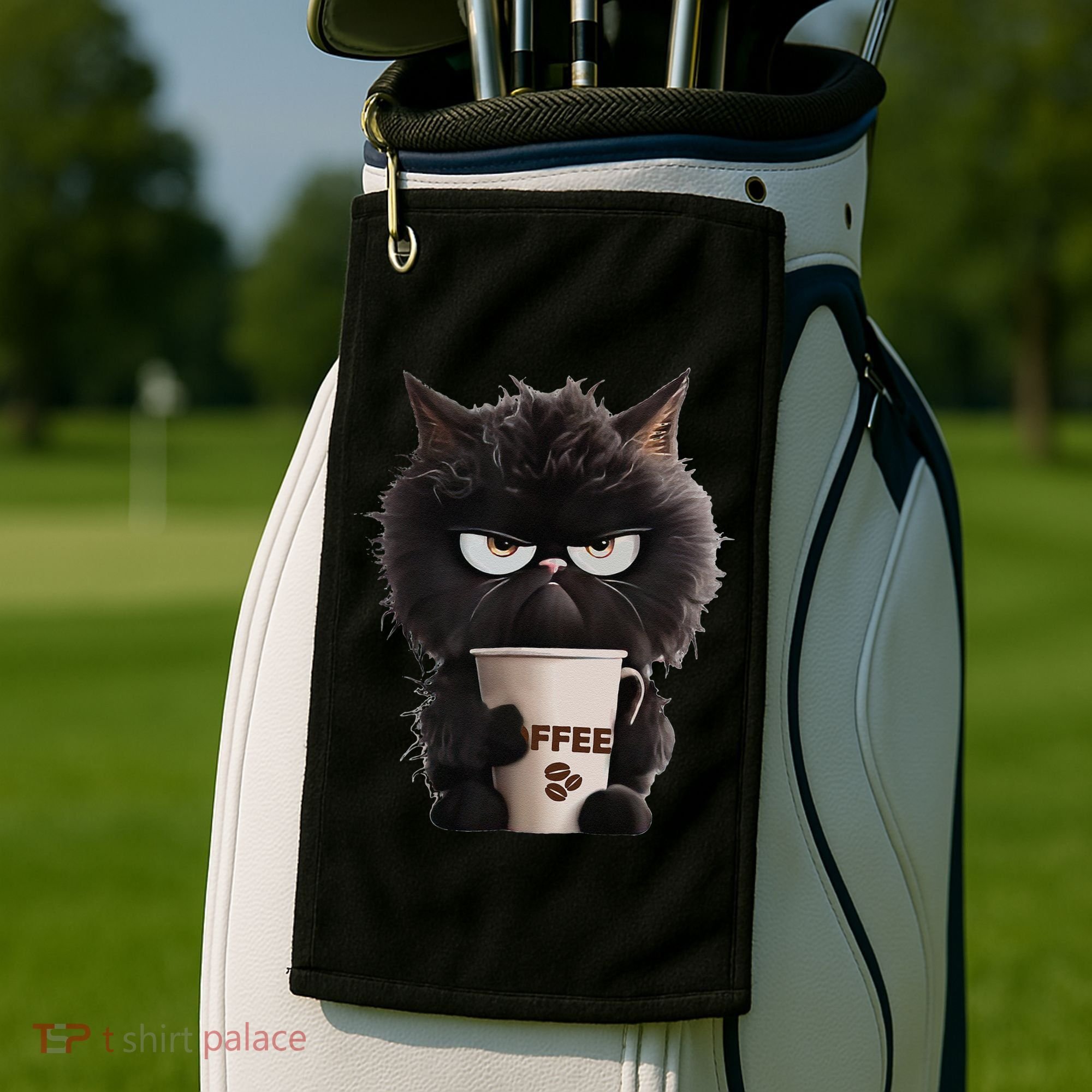 Funny Angry Black Cat Drinking Coffee Loves Coffee Pet Golf Towel