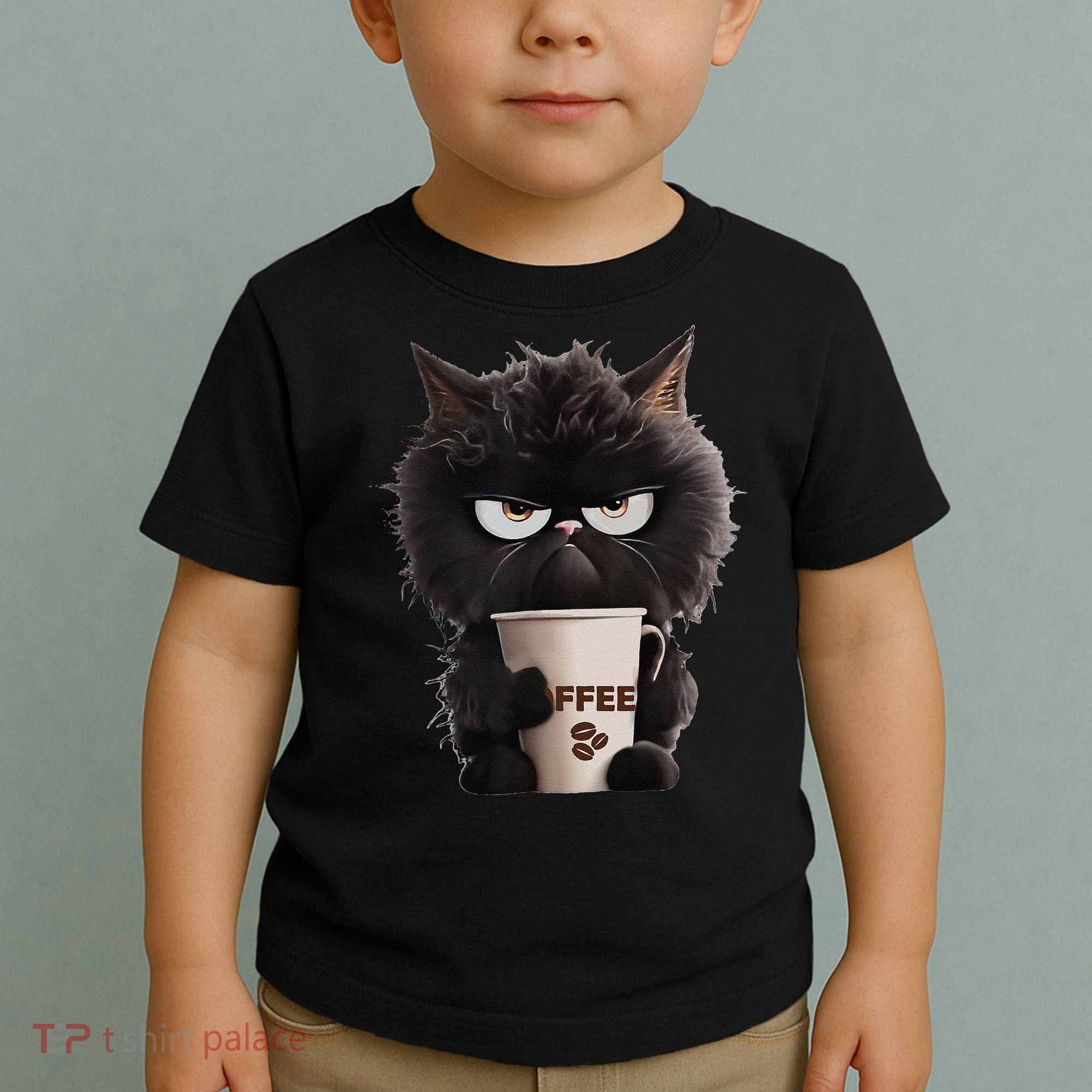 Funny Angry Black Cat Drinking Coffee Loves Coffee Pet Toddler T-Shirt