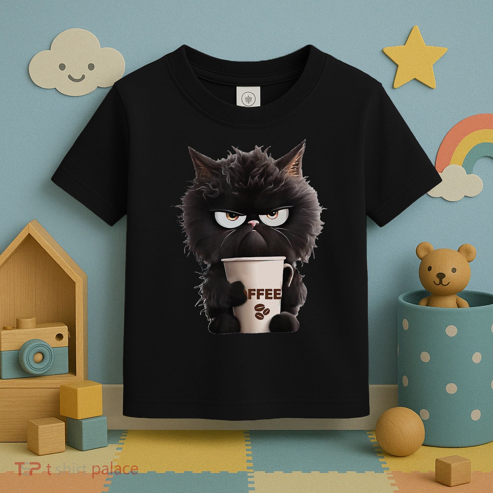 Funny Angry Black Cat Drinking Coffee Loves Coffee Pet Toddler T-Shirt