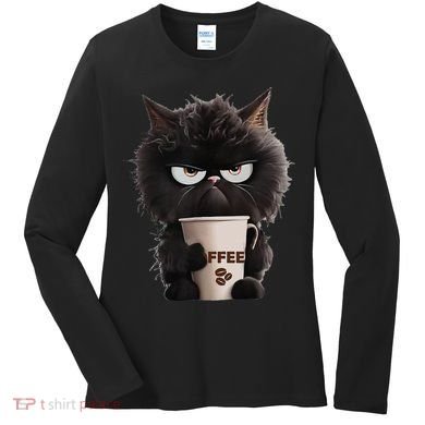 Funny Angry Black Cat Drinking Coffee Loves Coffee Pet Women's Long Sleeve Shirt