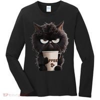 Funny Angry Black Cat Drinking Coffee Loves Coffee Pet Women's Long Sleeve Shirt thumb 0