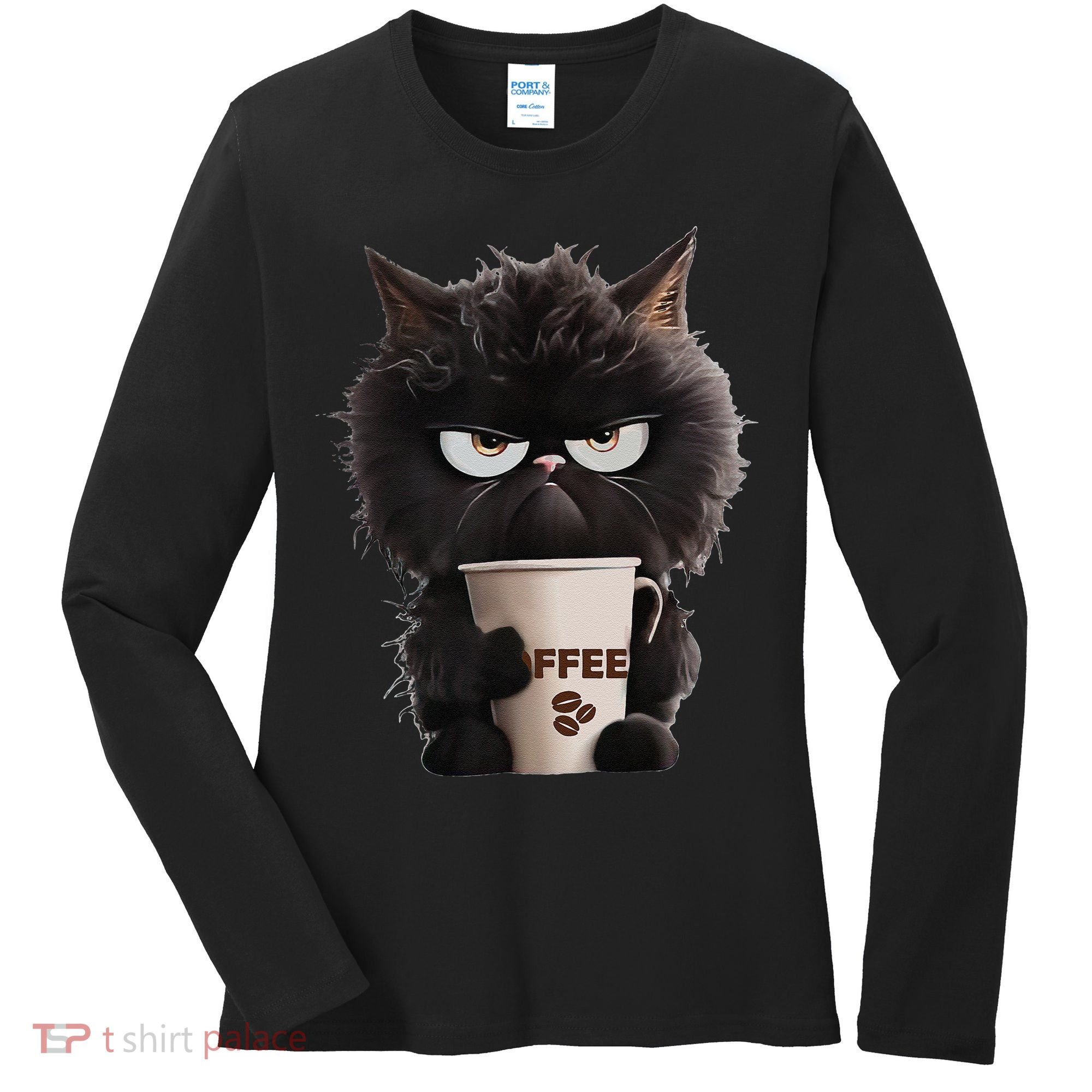 Funny Angry Black Cat Drinking Coffee Loves Coffee Pet Women's Long Sleeve Shirt