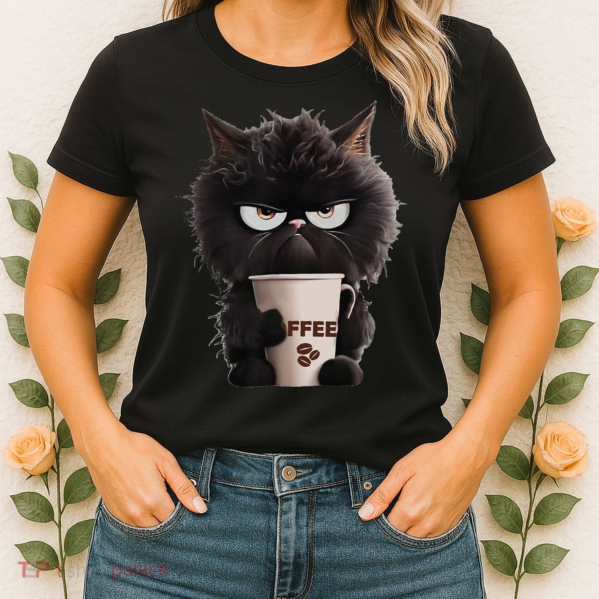 Funny Angry Black Cat Drinking Coffee Loves Coffee Pet Women's T-Shirt