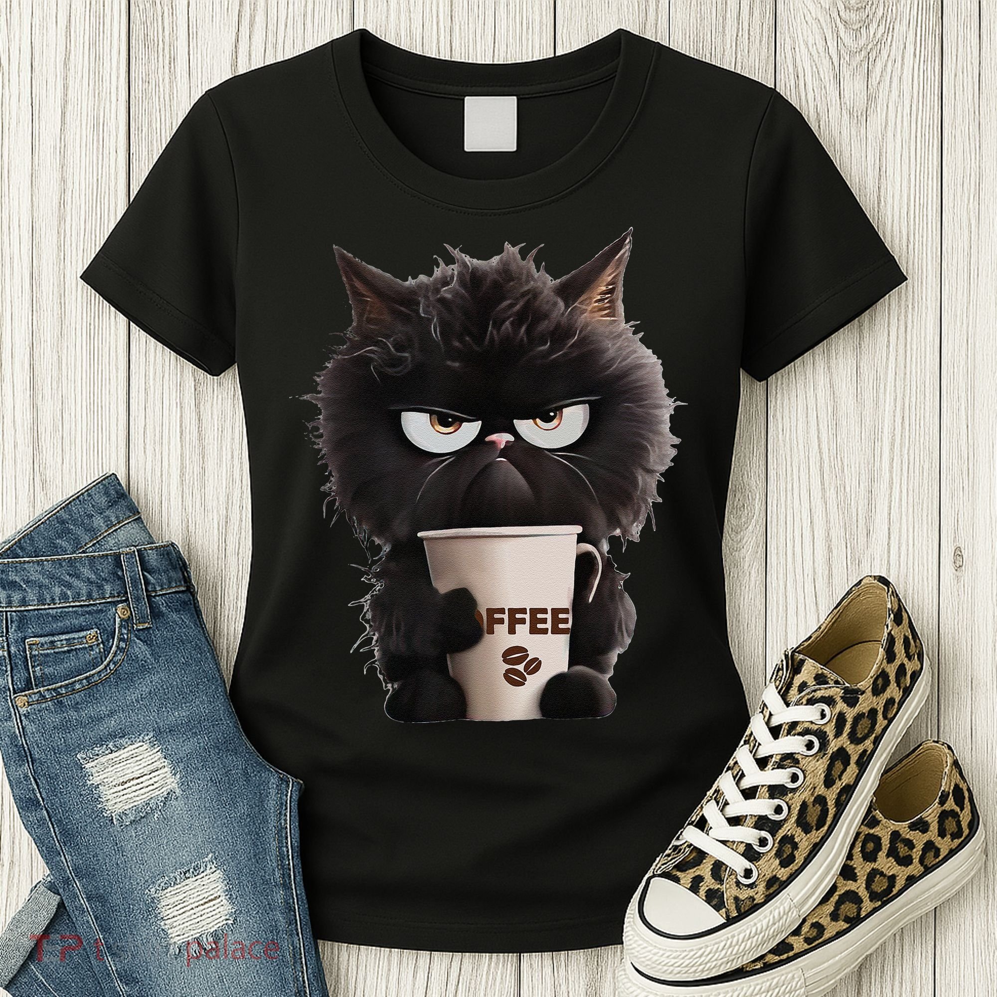 Funny Angry Black Cat Drinking Coffee Loves Coffee Pet Women's T-Shirt
