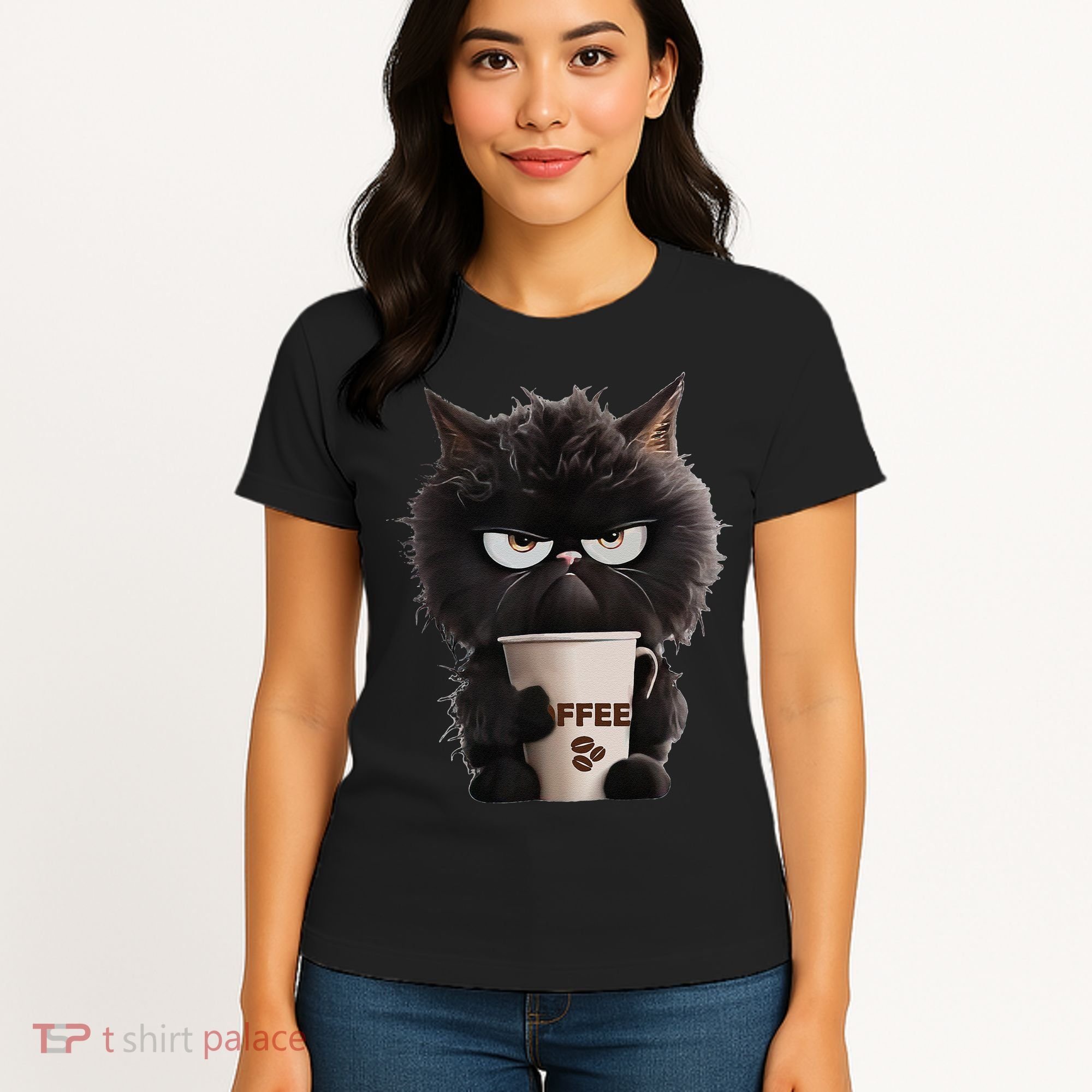 Funny Angry Black Cat Drinking Coffee Loves Coffee Pet Women's T-Shirt