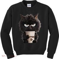 Funny Angry Black Cat Drinking Coffee Loves Coffee Pet Kids Sweatshirt thumb 0
