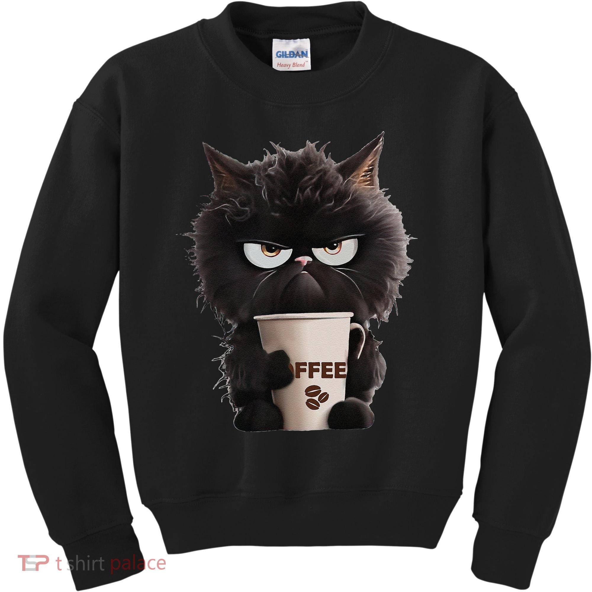 Funny Angry Black Cat Drinking Coffee Loves Coffee Pet Kids Sweatshirt