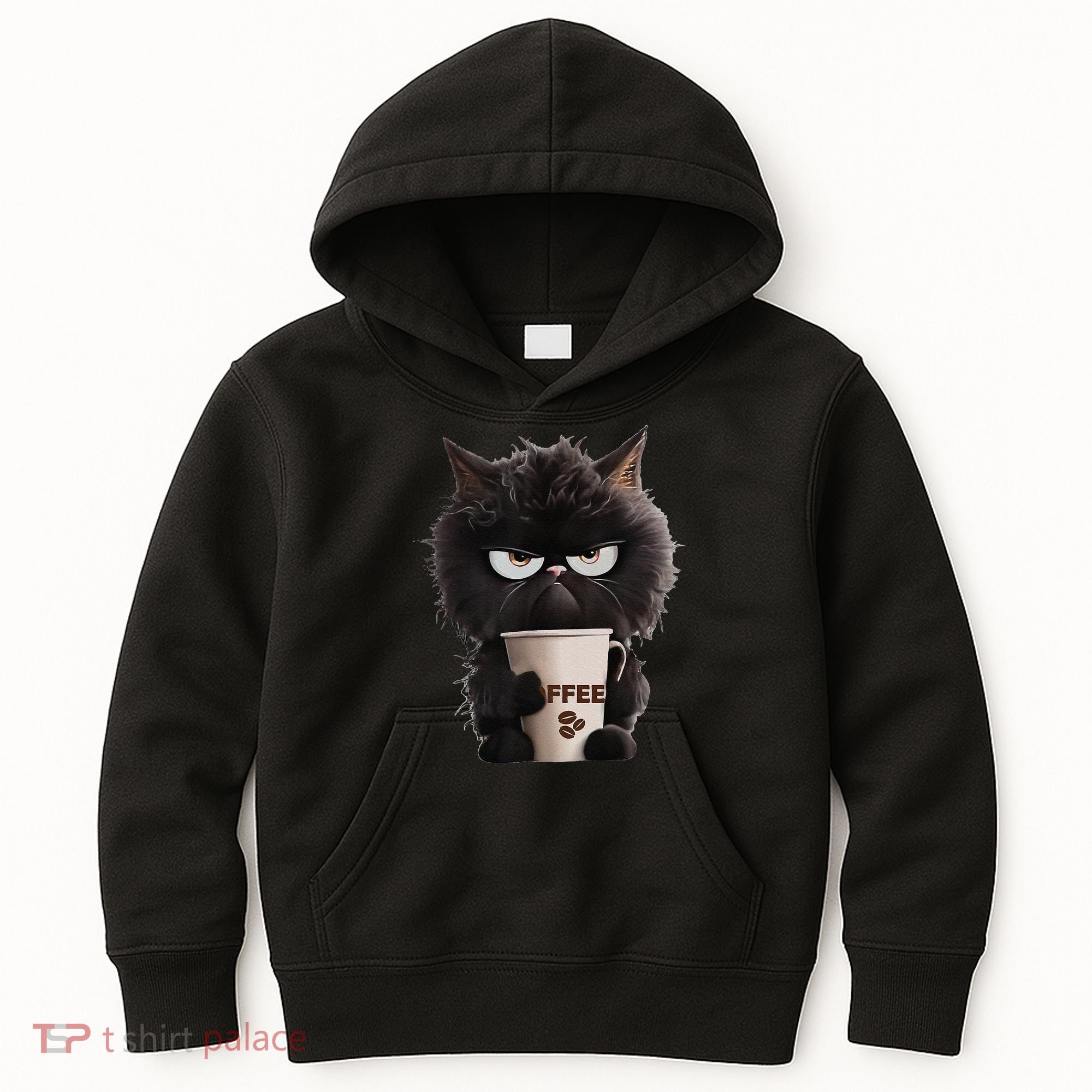 Funny Angry Black Cat Drinking Coffee Loves Coffee Pet Kids Hoodie