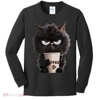 Funny Angry Black Cat Drinking Coffee Loves Coffee Pet Kids Long Sleeve Shirt thumb 0