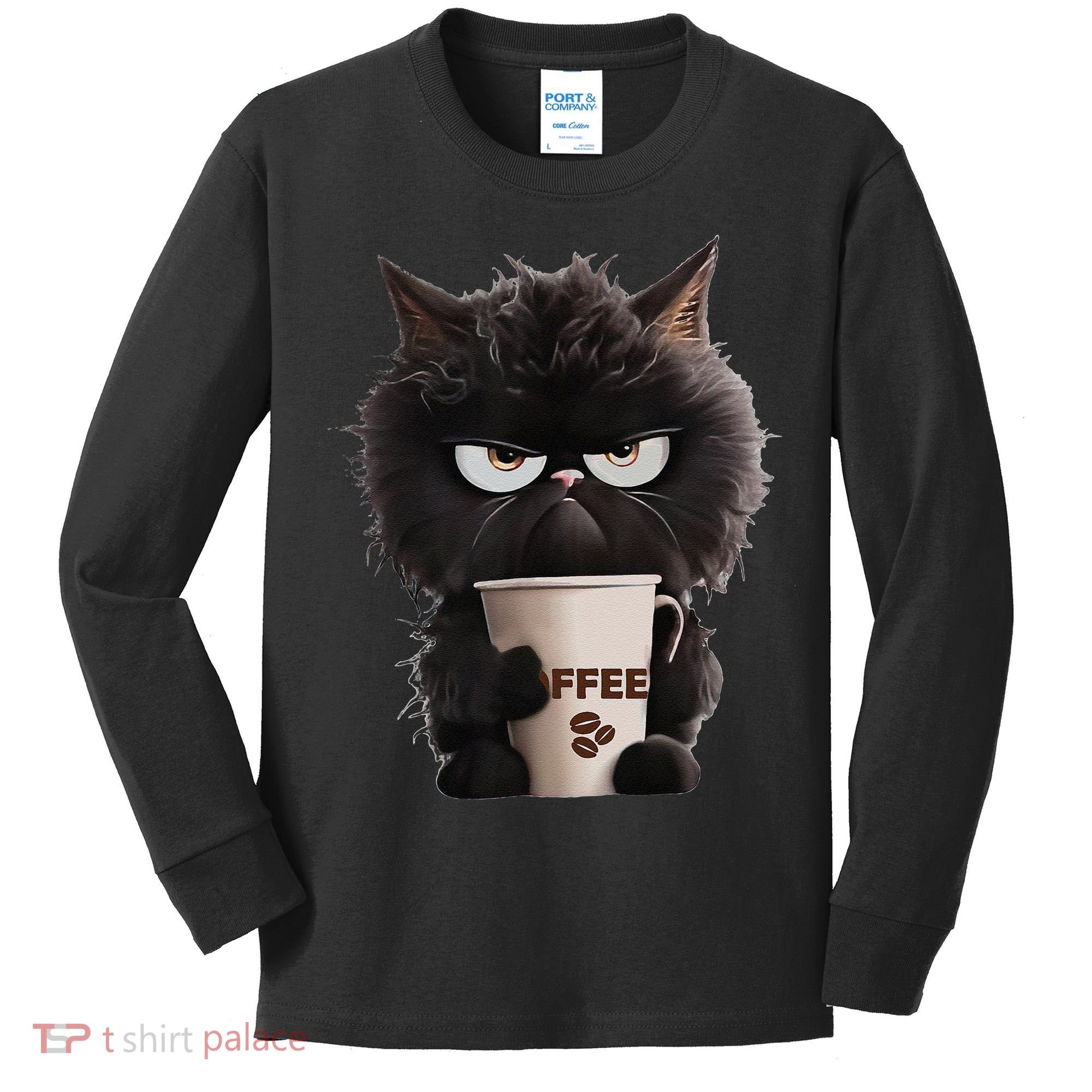 Funny Angry Black Cat Drinking Coffee Loves Coffee Pet Kids Long Sleeve Shirt