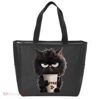 Funny Angry Black Cat Drinking Coffee Loves Coffee Pet Tote Bag thumb 0