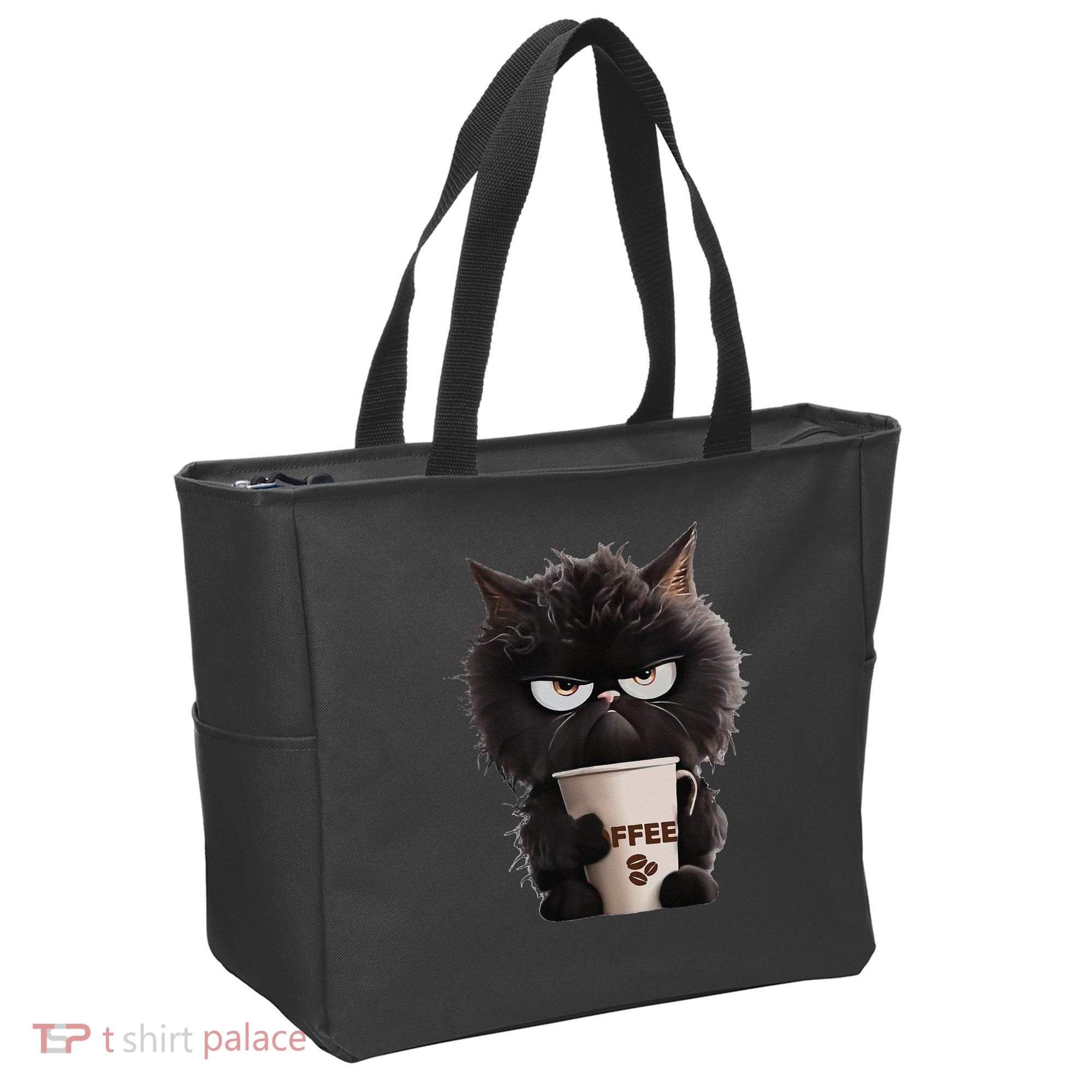 Funny Angry Black Cat Drinking Coffee Loves Coffee Pet Tote Bag