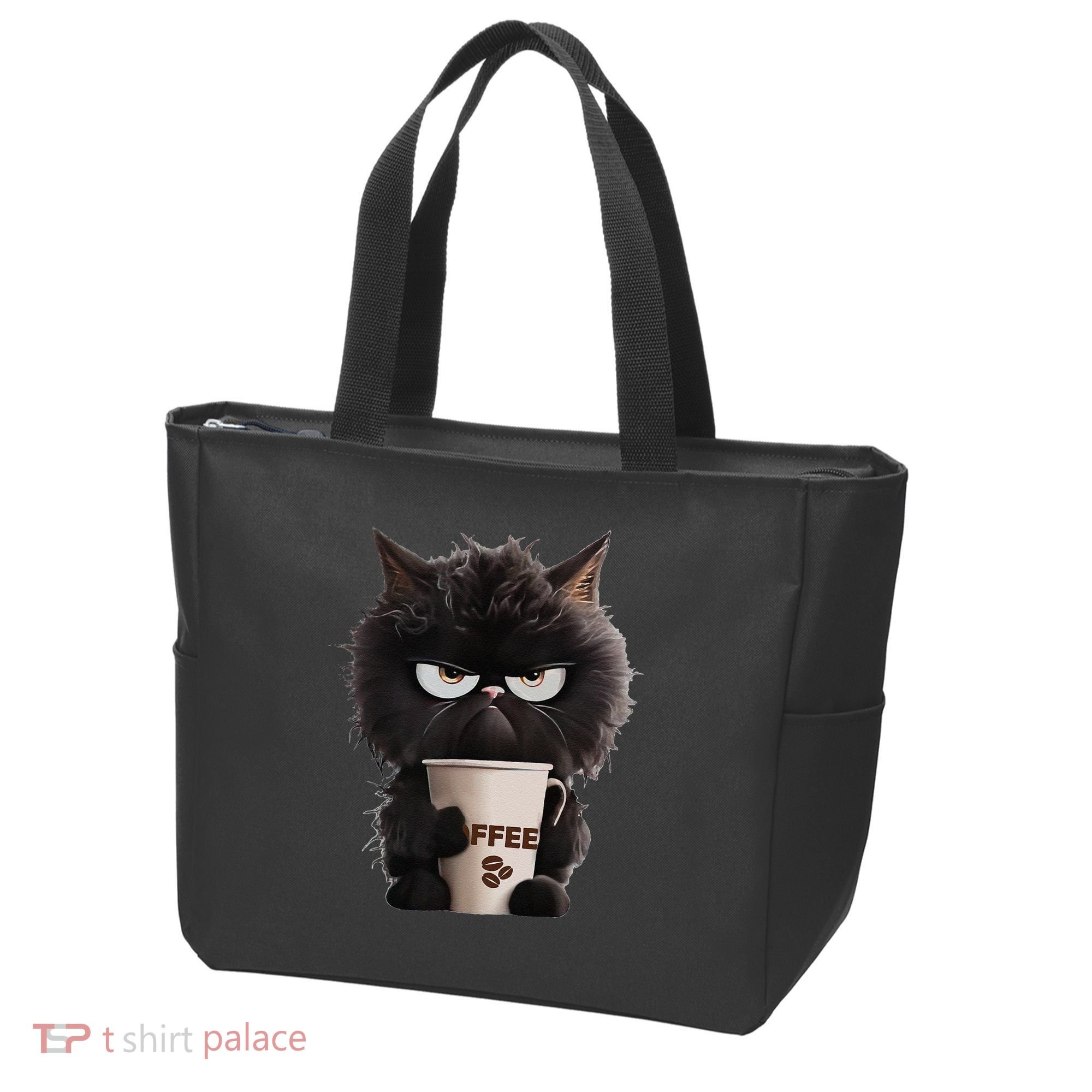 Funny Angry Black Cat Drinking Coffee Loves Coffee Pet Tote Bag