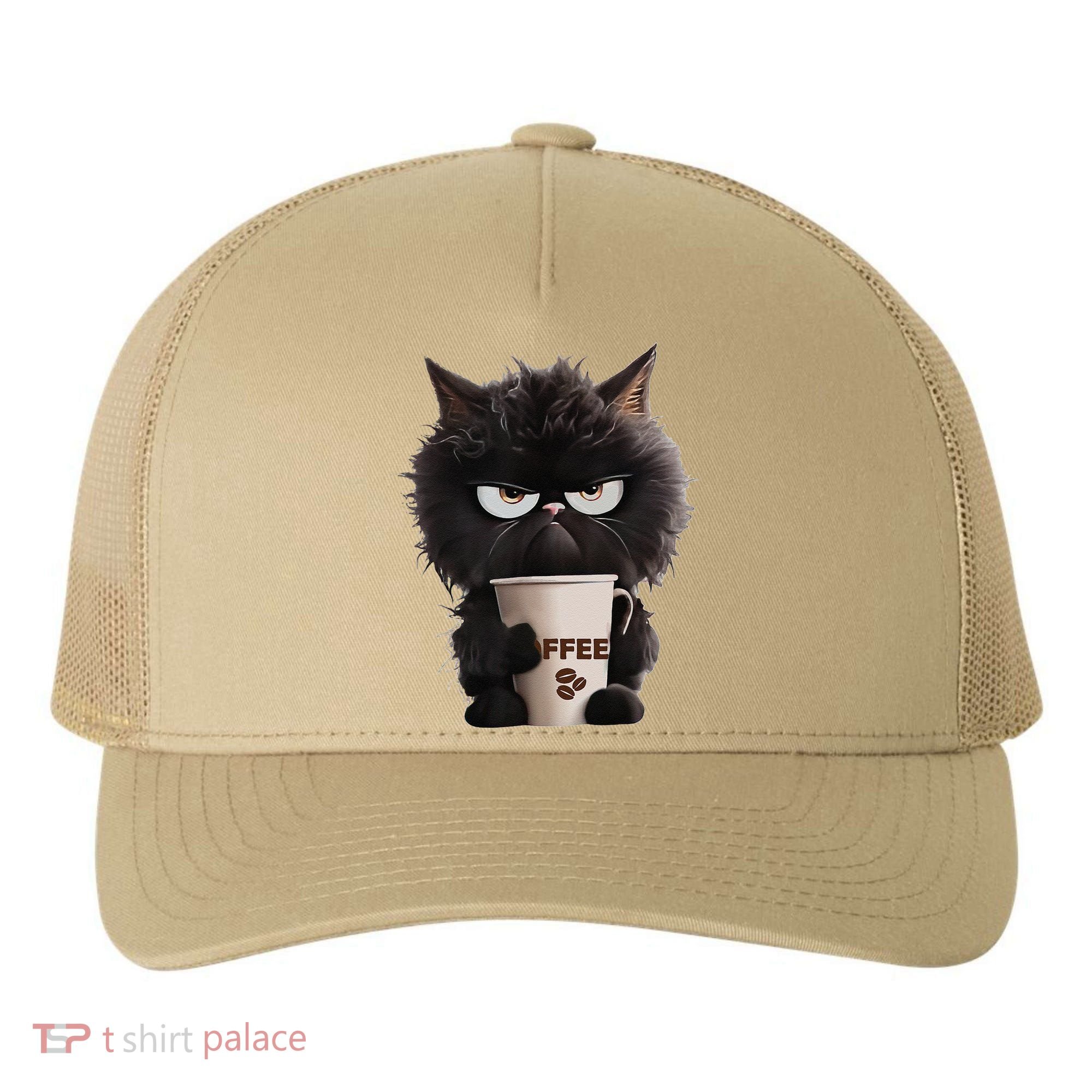 Funny Angry Black Cat Drinking Coffee Loves Coffee Pet Yupoong Adult 5-Panel Trucker Hat