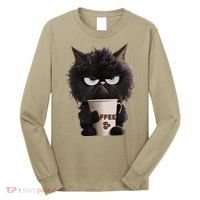 Funny Angry Black Cat Drinking Coffee Loves Coffee Pet Long Sleeve Shirt thumb 0