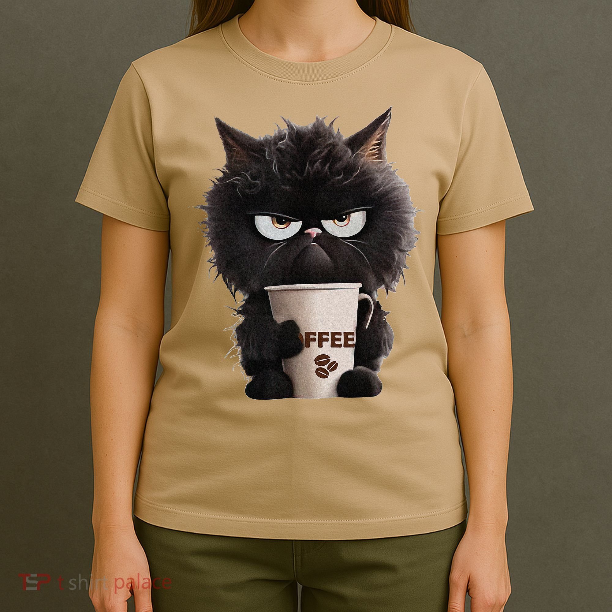 Funny Angry Black Cat Drinking Coffee Loves Coffee Pet T-Shirt