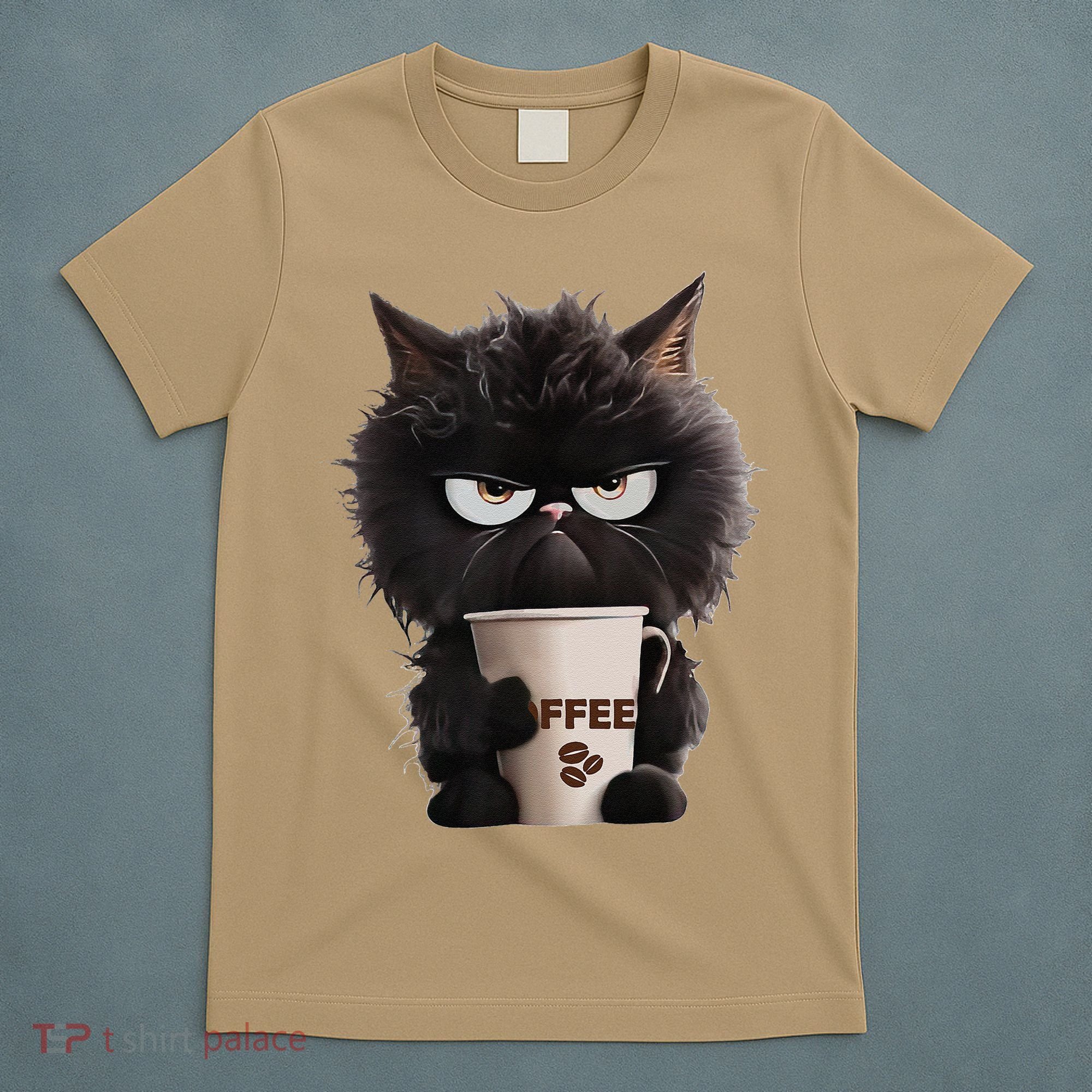 Funny Angry Black Cat Drinking Coffee Loves Coffee Pet T-Shirt
