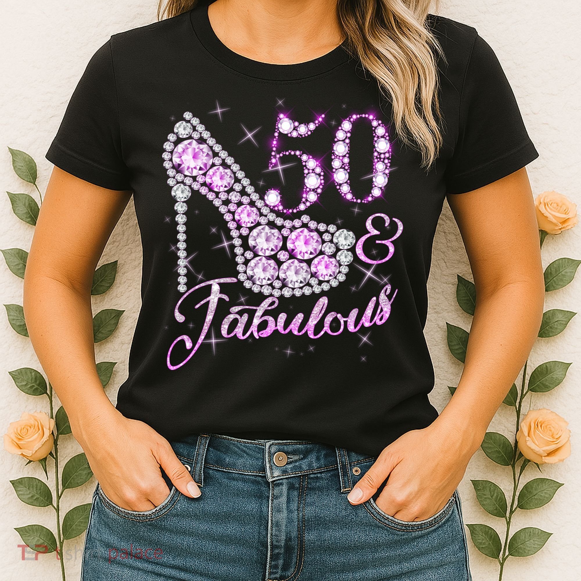 Fabulous & 50 Sparkly Shiny Heel 50th Birthday Women's T-Shirt