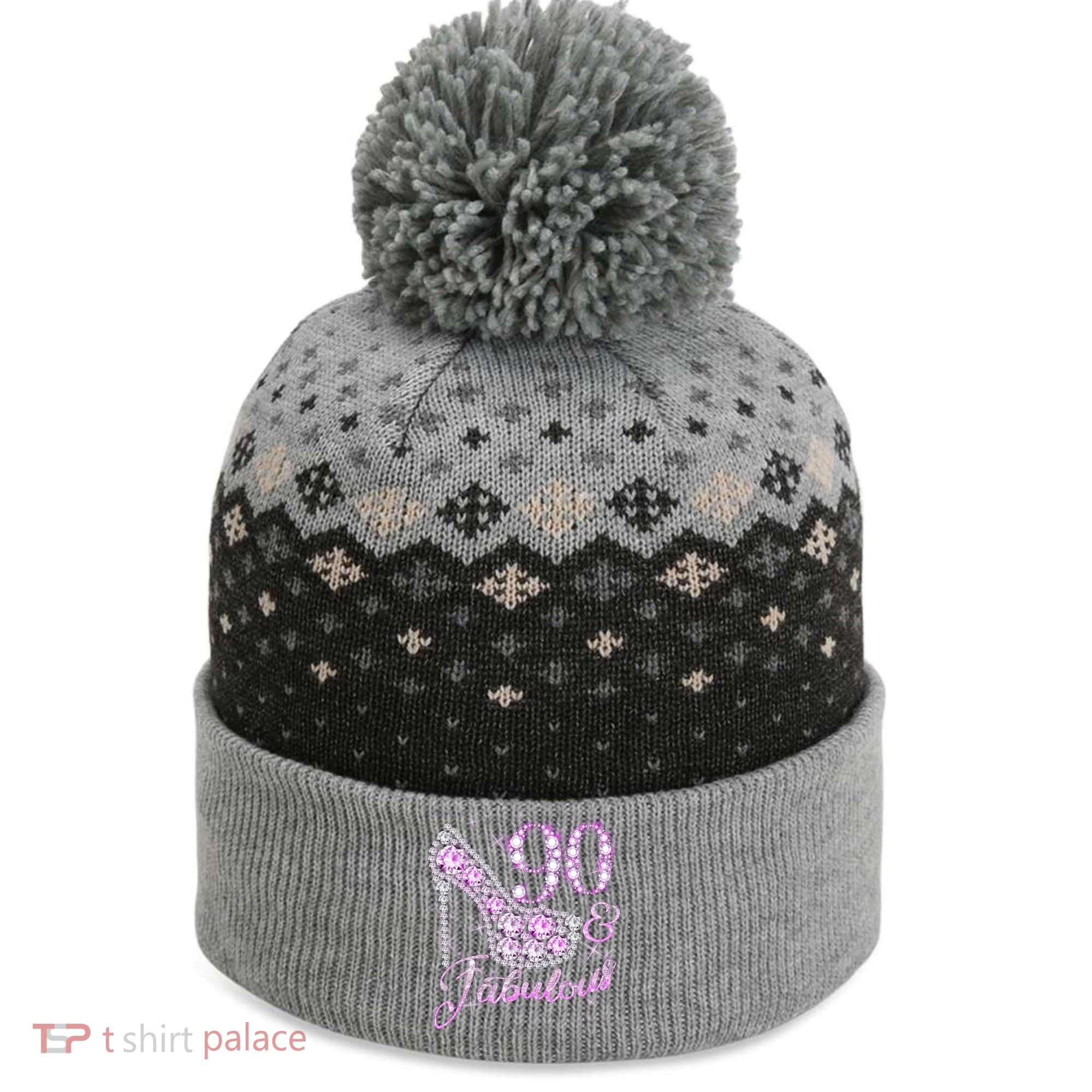 Fabulous & 90 Sparkly Shiny Heel 90th Birthday The Baniff Cuffed Pom Beanie