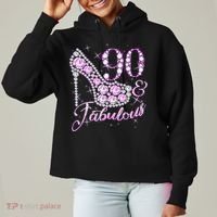 Fabulous & 90 Sparkly Shiny Heel 90th Birthday Ladies Heavyweight Boxy Pullover Hoodie thumb 0