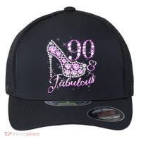 Fabulous & 90 Sparkly Shiny Heel 90th Birthday Flexfit Unipanel Trucker Cap thumb 0