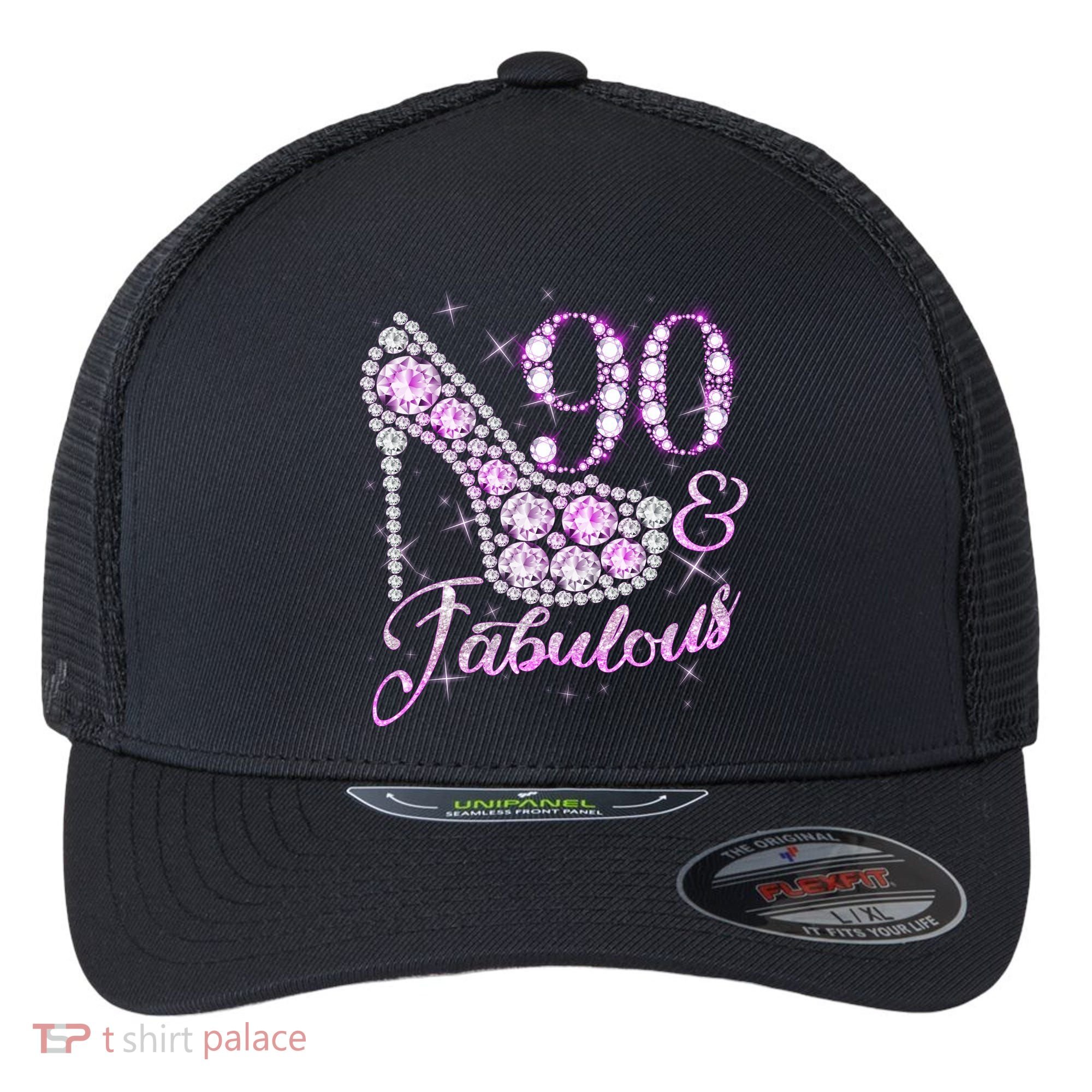 Fabulous & 90 Sparkly Shiny Heel 90th Birthday Flexfit Unipanel Trucker Cap