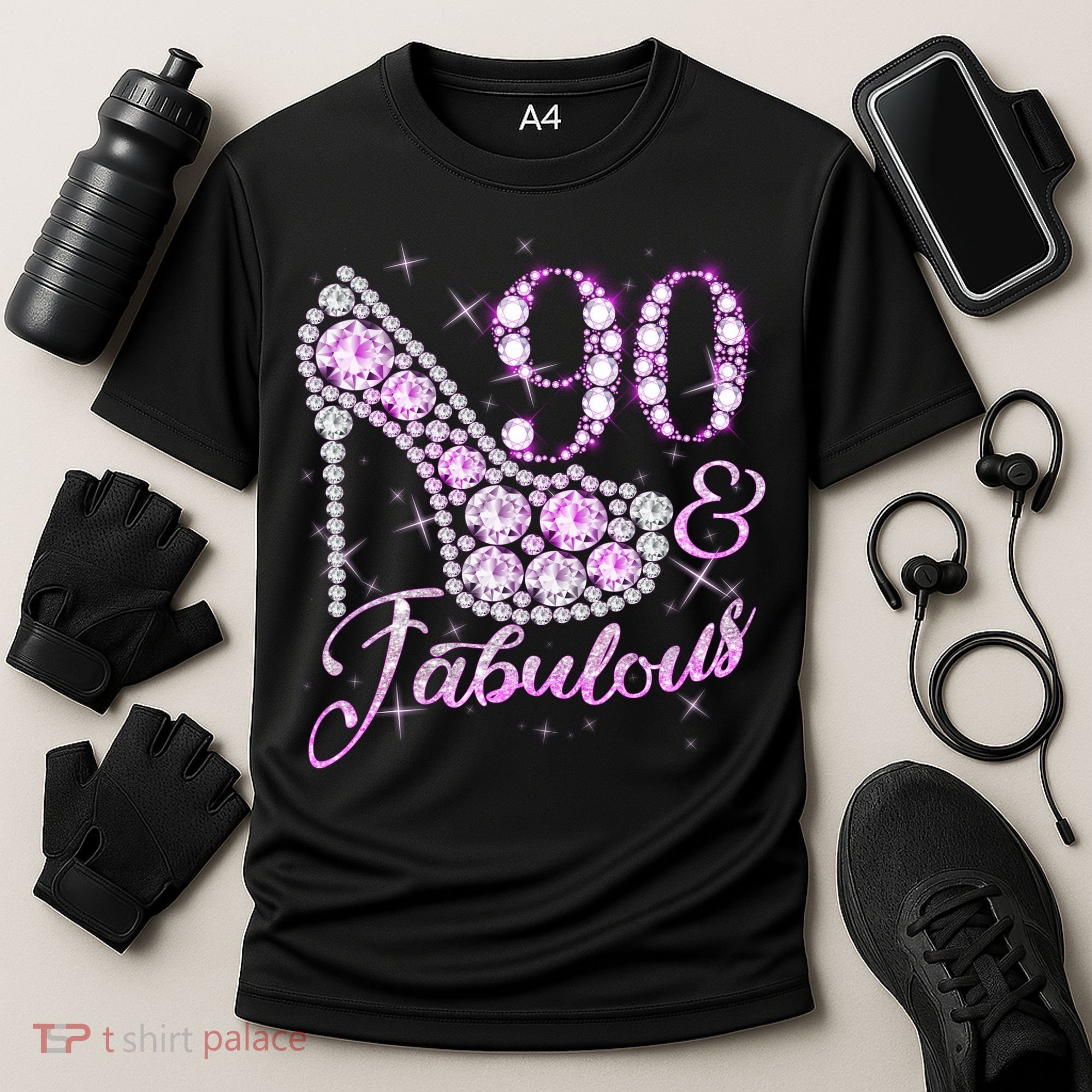 Fabulous & 90 Sparkly Shiny Heel 90th Birthday Cooling Performance Crew T-Shirt