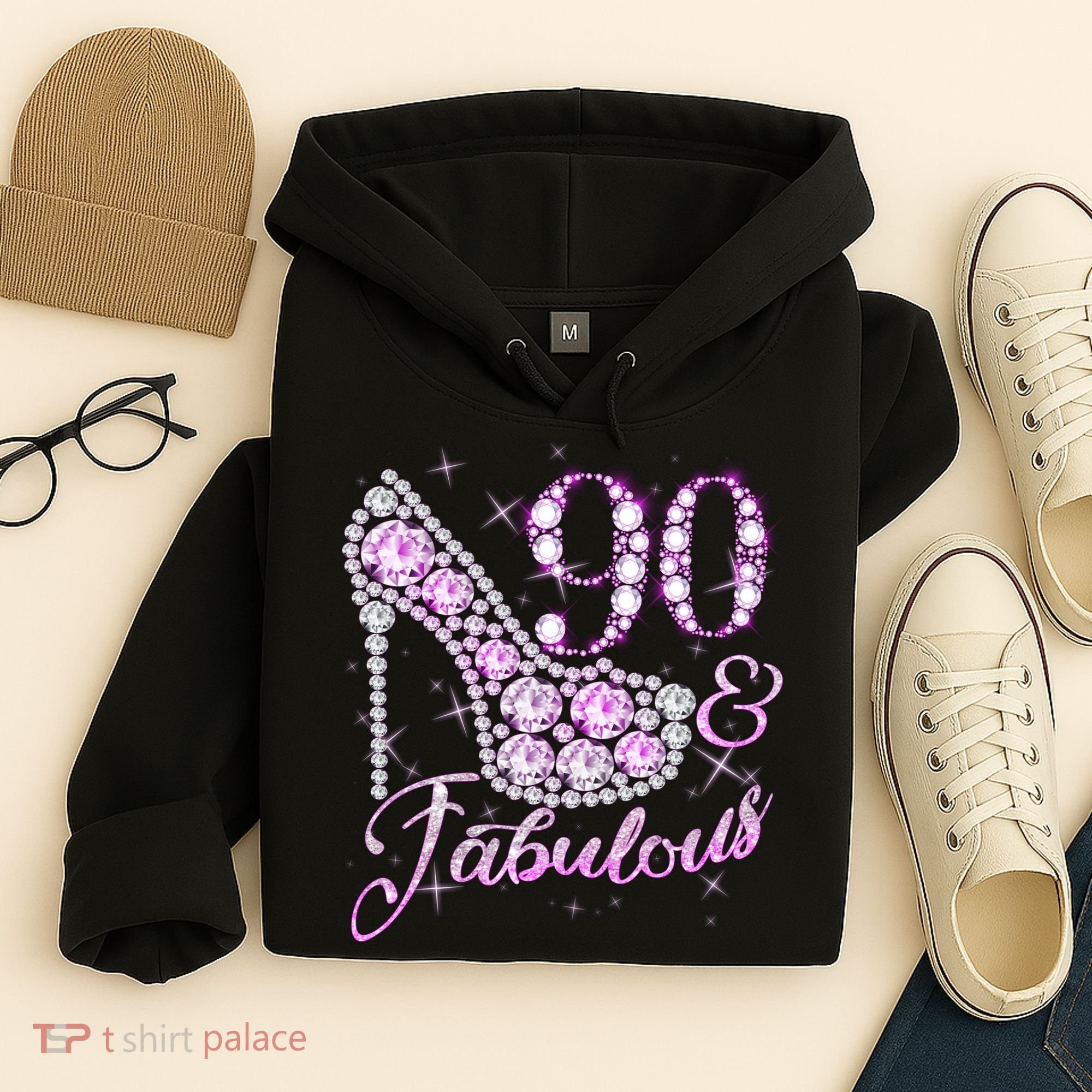 Fabulous & 90 Sparkly Shiny Heel 90th Birthday Hoodie