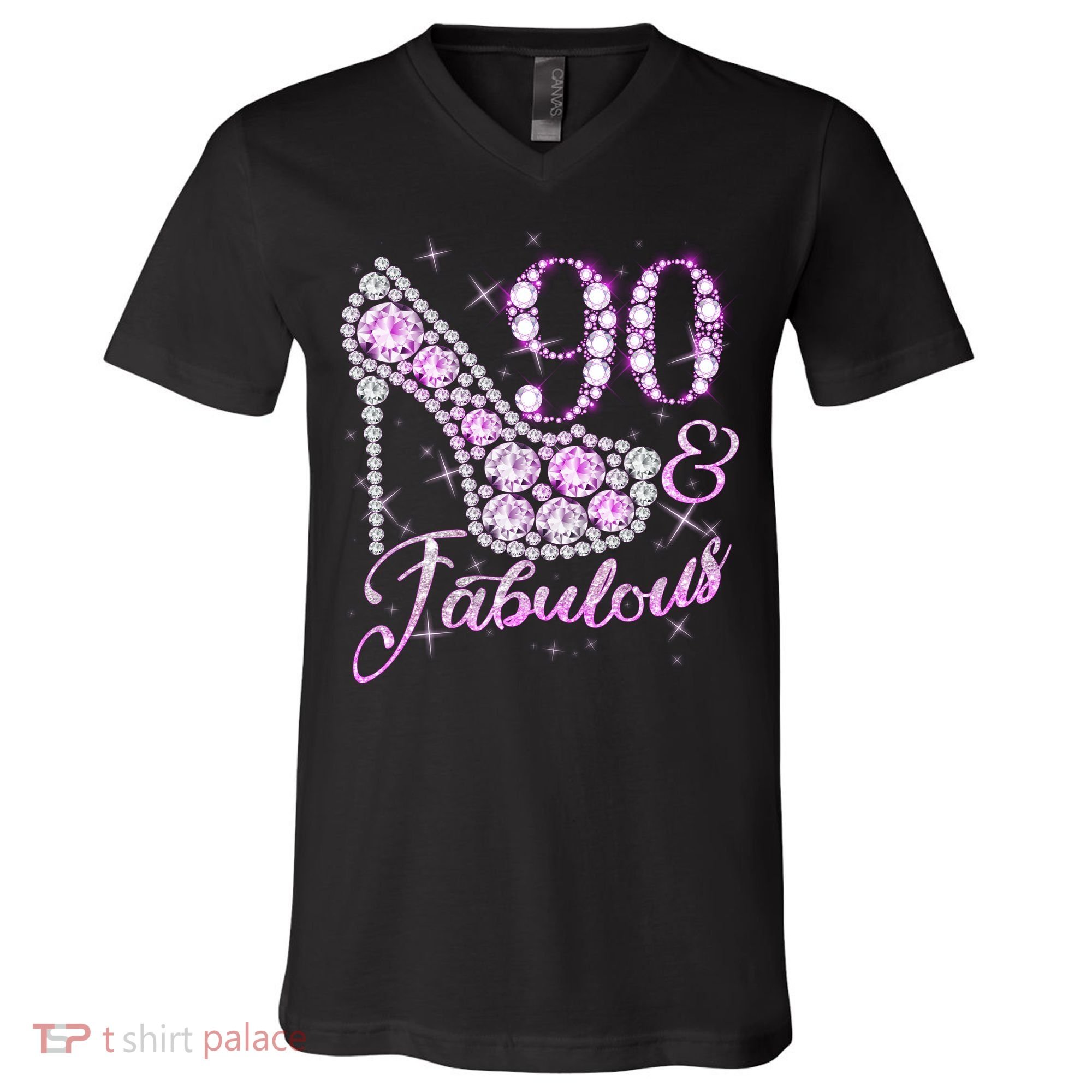 Fabulous & 90 Sparkly Shiny Heel 90th Birthday V-Neck T-Shirt