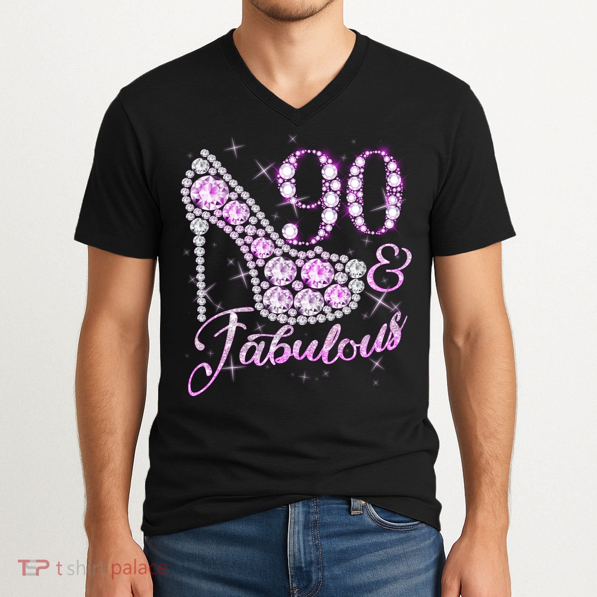 Fabulous & 90 Sparkly Shiny Heel 90th Birthday V-Neck T-Shirt
