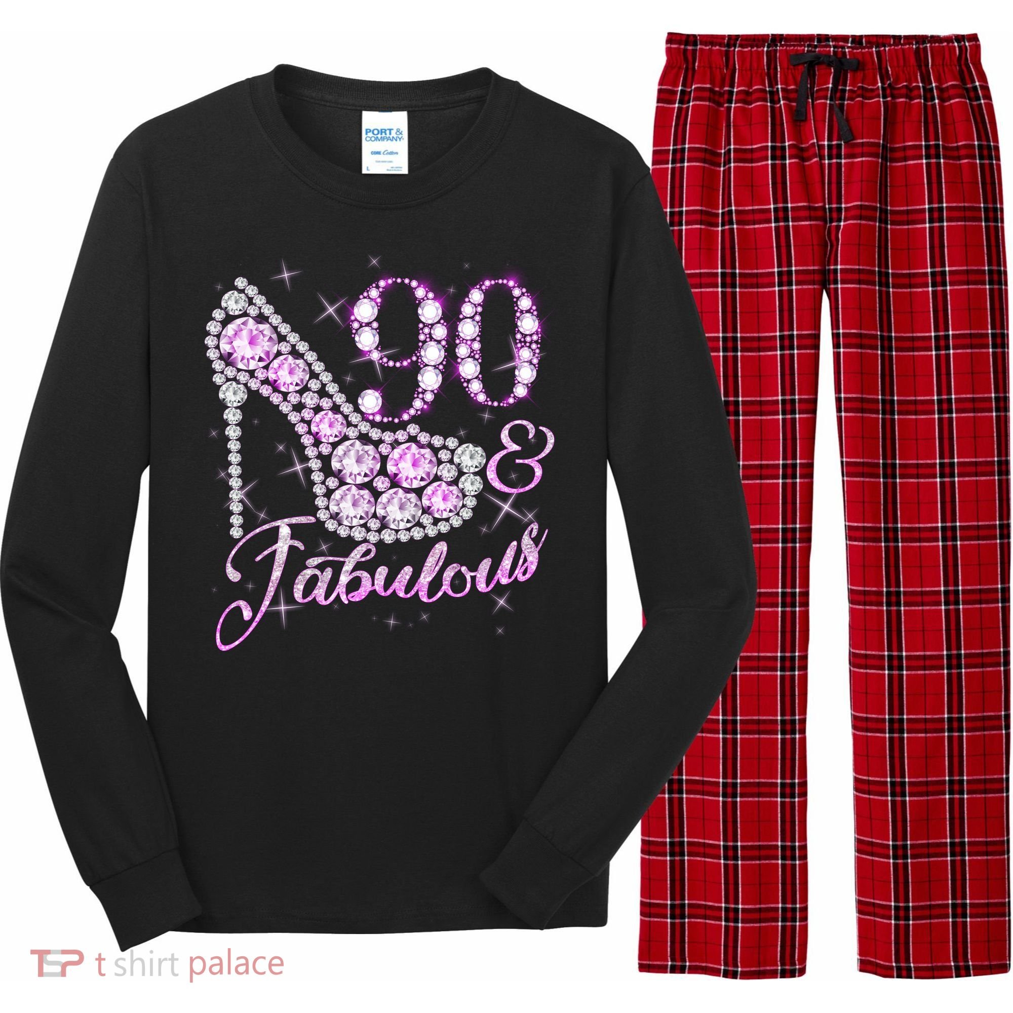 Fabulous & 90 Sparkly Shiny Heel 90th Birthday Long Sleeve Pajama Set