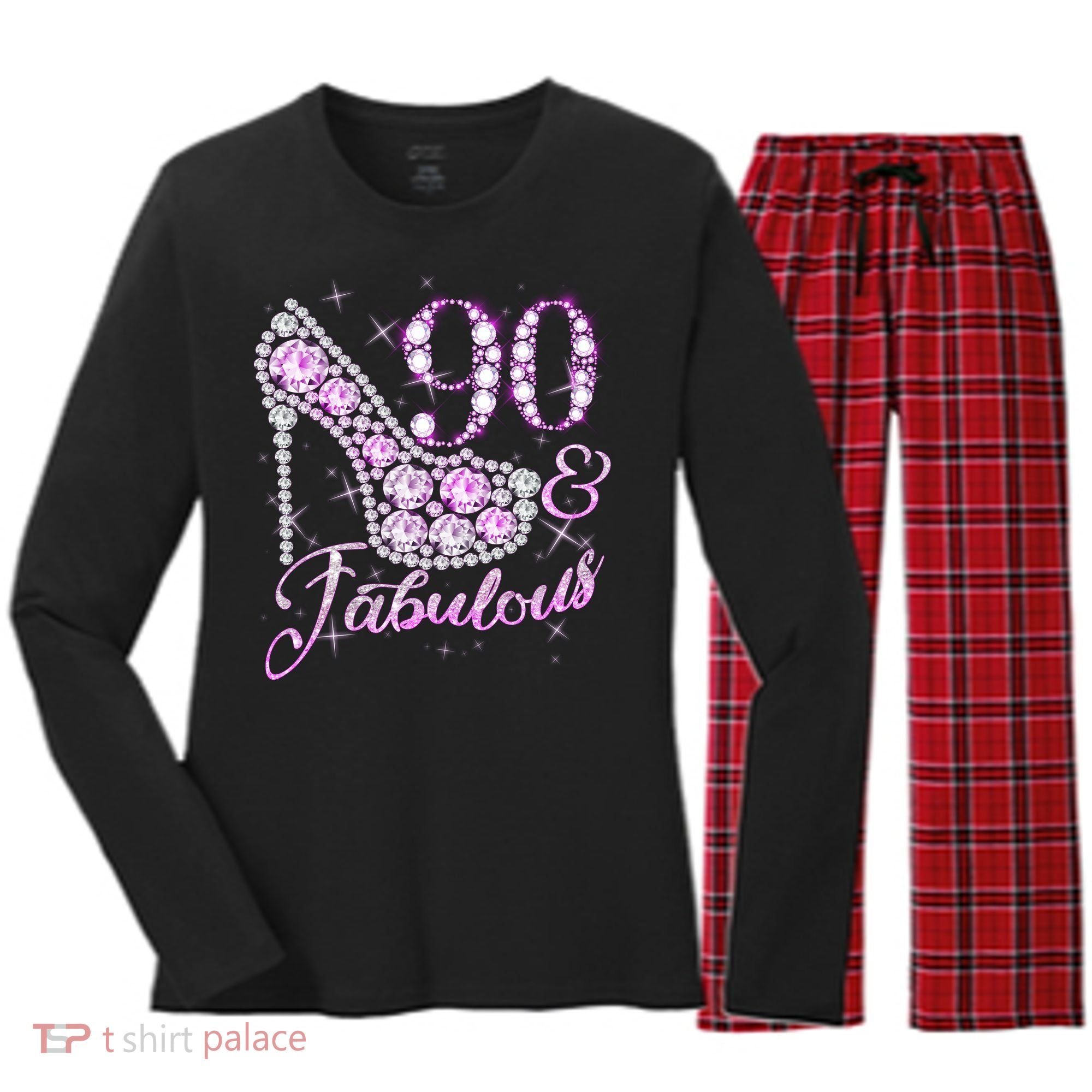 Fabulous & 90 Sparkly Shiny Heel 90th Birthday Women's Long Sleeve Flannel Pajama Set 