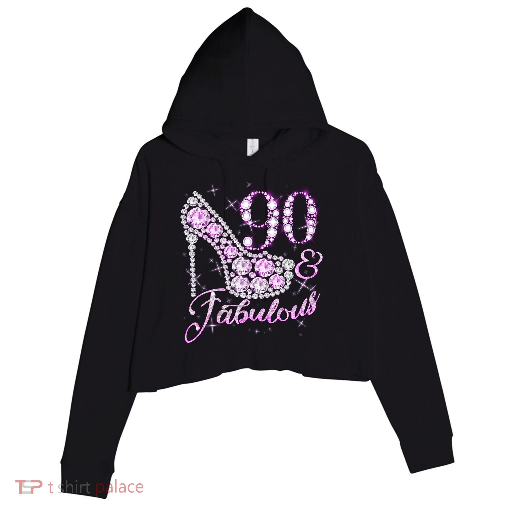 Fabulous & 90 Sparkly Shiny Heel 90th Birthday Crop Fleece Hoodie